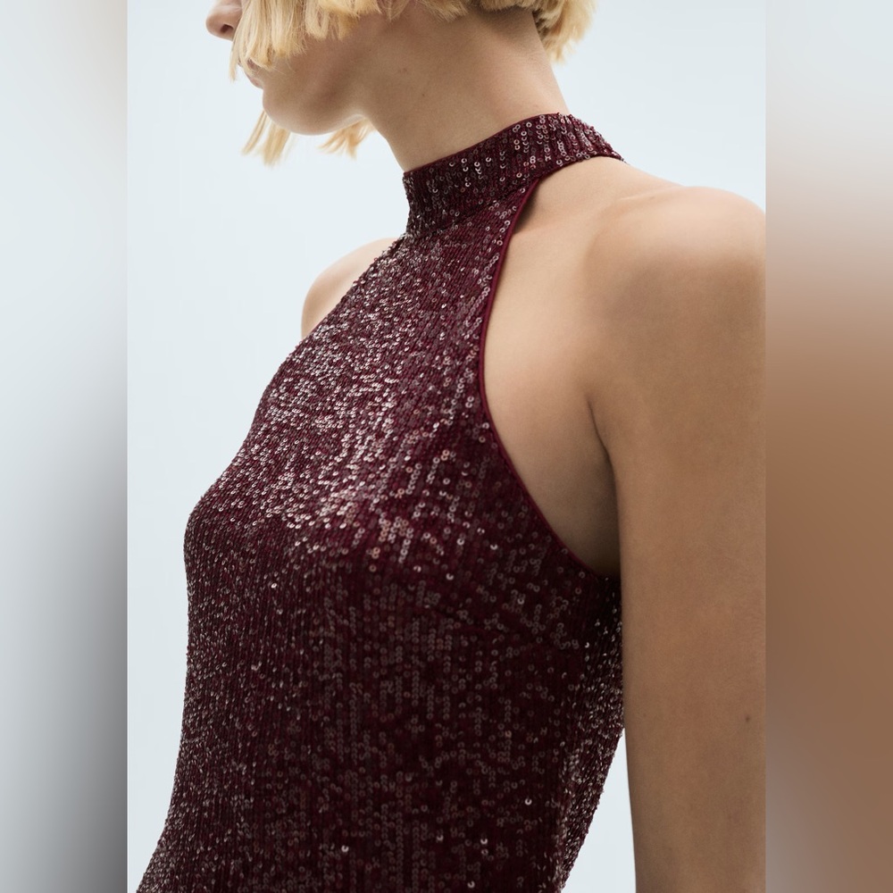 Mango Burgundy sequined halter neck dress NWT - Picture 5 of 7